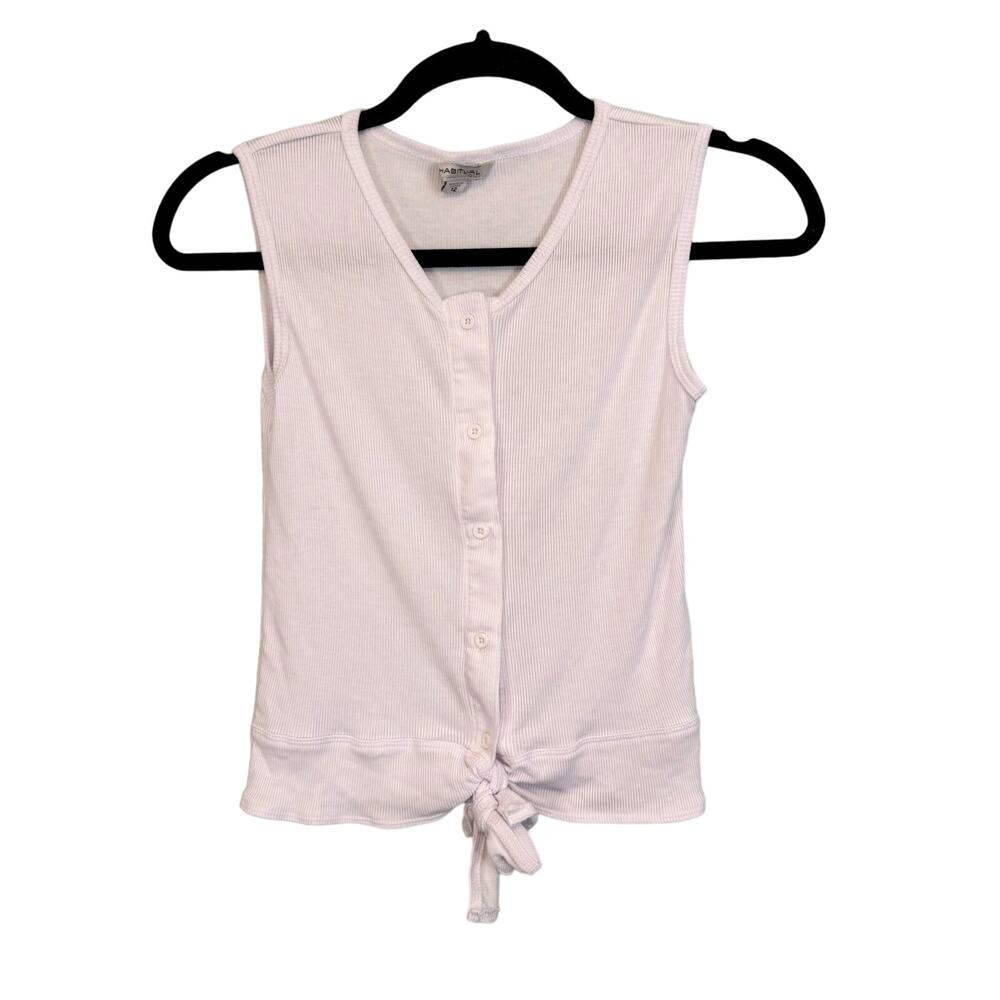 Habitual Girl Top 12 Youth Sleeveless Ribbed Button Up Bow Tie Blouse White